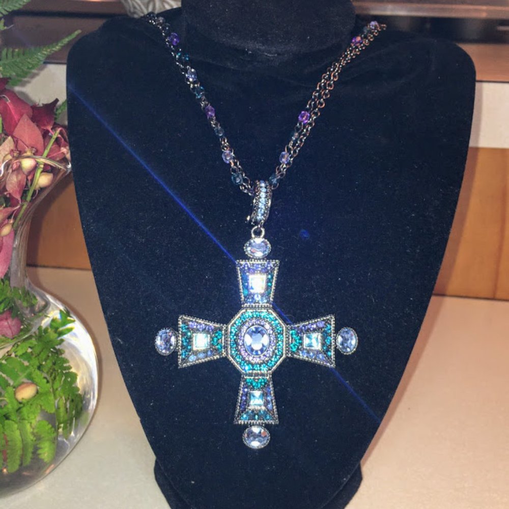 Vintage Crystal Double-Chain Cross Necklace